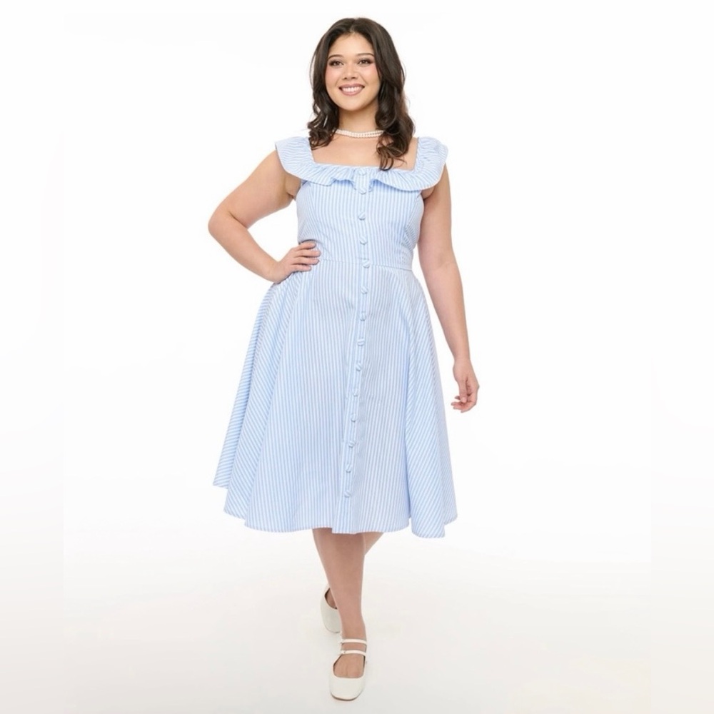 Unique Vintage Magnolia Place Blue & White Striped Barbara Swing Dress, 3x, NWT! - Picture 9 of 13